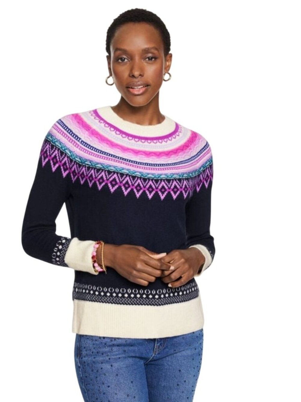 Talbots Crewneck Sweater Float Fair Isle Yoke 2025 Wool Cotton Blend Size Mp